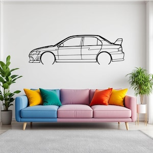 May include: A black and white line drawing of a car on a white wall above a light blue and pink sofa with colorful throw pillows.