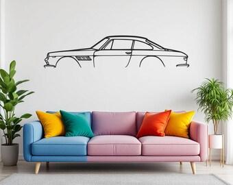 May include: A black metal wall art piece featuring the minimalist outline of a classic sports car. The linear design captures the side profile of the vehicle, including the roofline, windows, and wheel arches, mounted on a plain white wall.