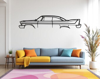 May include: A black metal wall art piece featuring the minimalist outline of a classic vintage car in profile. The design captures the elongated body, tail fins, and window frame of the vehicle, presented as a continuous line drawing.