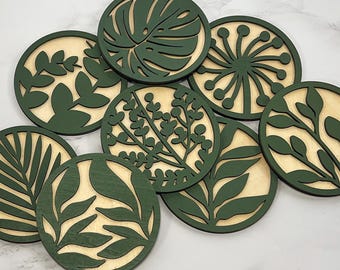 Leaf Coasters, Set of 8 Wood Coasters, Green Plant Coasters, Basswood Drink Coasters, Nature Home Decor, Housewarming Gift, Plant Lover Gift