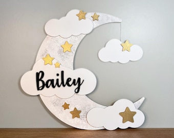 Personalized Moon Baby Name Sign, Moon and Stars Nursery Decor, Baby Shower Gift, Custom Wood Nursery Sign, Cute Kids Room Wall Decor
