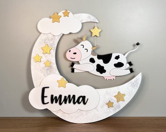 Personalized Cow Baby Name Sign, Cow Jumping Over the Moon Nursery Wall Art, Nursery Decor, Baby Shower Gift, Custom Wood Nursery Sign Decor