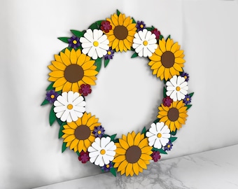 Layered Wooden Sunflower Wreath, Summer Floral Door Decor, Hand-Painted Farmhouse Wall Hanging