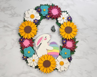 Easter Wreath Door Hanger, Wooden Bunny Easter Door Decor, Floral Easter Egg Shaped Wreath, Spring Bunny Sign, Flower Front Door Decor