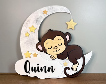 Personalized Monkey Baby Name Sign, Monkey Nursery Decor, Baby Shower Gift, Custom Wood Nursery Sign, Cute Monkey Kids Room Wall Decor