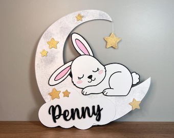 Personalized Bunny Baby Name Sign, Rabbit Nursery Decor, Baby Shower Gift, Custom Wood Nursery Sign, Cute Bunny Kids Room Wall Decor