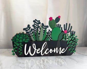 Succulent Welcome Sign, Greenery Front Door Decor, Wood Welcome Sign, Desert Flora Door Hanger, Cactus Door Decor, Unique Housewarming Gift