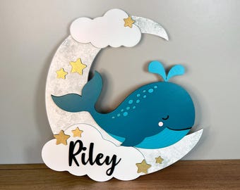 Personalized Whale Baby Name Sign, Whale Nursery Decor, Baby Shower Gift, Custom Wood Nursery Sign, Cute Whale Kids Room Wall Decor