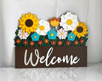 Floral Welcome Sign, Spring Front Door Decor, Wooden Welcome Sign, Farmhouse Door Hanger, Flower Entryway Sign, Unique Housewarming Gift