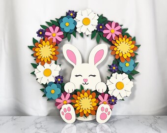 Easter Bunny Wreath Door Hanger, Wooden Floral Bunny Wreath, Spring Easter Door Decor, Cute Bunny Welcome Sign, Flower Front Door Decor