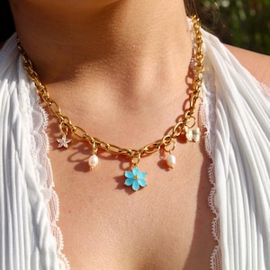Build Your Own Charm Necklace, Flower Multi Charm Necklace, Gold Butterfly Charm, Pearl Bead Necklace, Custom Chain Jewelry, Trendy Gift