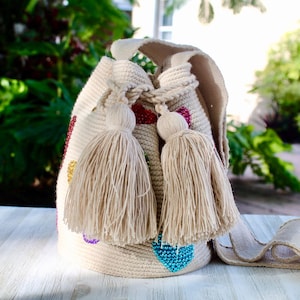 Medium Wayuu Bag Rhinestone Crochet Bag Colombian Crossbody Bag Heart Woven Crochet Purse Original Wayuu Mochila Bag Beige Crossbody