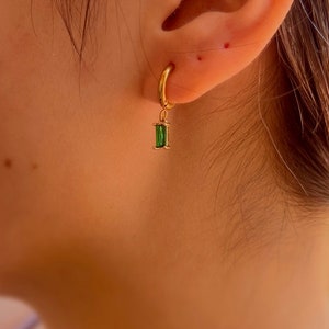 Dangle Emerald Gemstone Charm Earrings Dainty Small Huggies Hoops for Women Minimalist Summer Earring Gift for Her Birthday Present