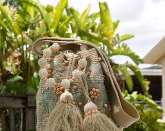 Original Mittelgroß Wayuu Tasche Häkeltasche Umhängetasche Crossbody Beige Umhängetasche gewebt Handtasche für Frauen Authentische Wayuu Mochila Strandtasche