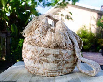 Original große Strass Wayuu Tasche, Häkeltasche, kolumbianische Crossbody-Tasche, gewebte Häkeltasche für Frauen