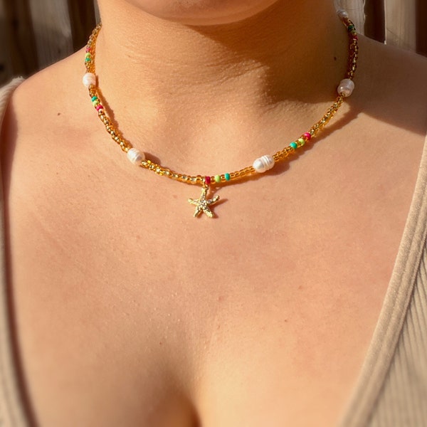 Gold Star Pearl Necklace Starfish Beach Necklace Colorful Beaded Dainty Choker Star Pendant Summer Jewelry Bead for Her Coastal Star