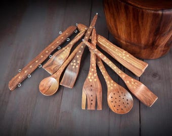 Wooden Utensil Set with Hanger, Kitchen Gift, 7 Pieces Handmade Cooking Utensil Set, Kitchen Utensil, Cooking Kitchenware, Kitchen Gadgets