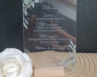 Menu de mariage en plexi / acrylique / eucalyptus / feuilles d'olivier / fleuri  / décoration de table de mariage