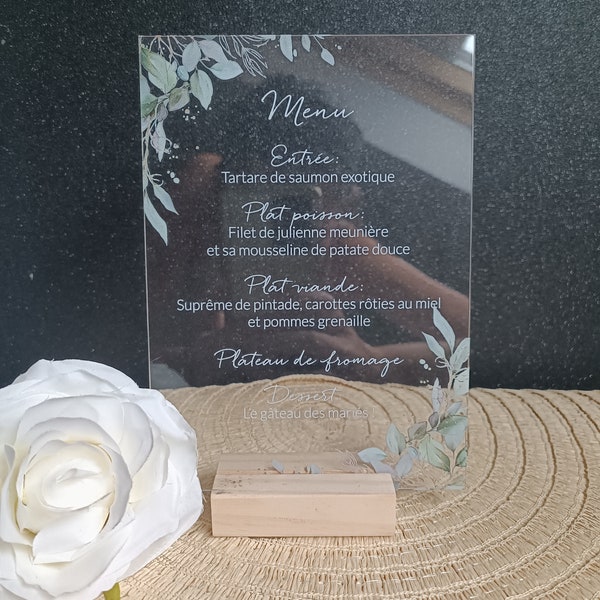 Menu de mariage en plexi / acrylique / eucalyptus / feuilles d'olivier / fleuri  / décoration de table de mariage