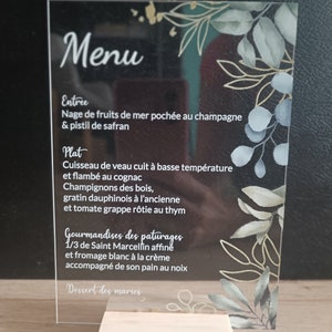 Menu de mariage en plexi / acrylique / eucalyptus / feuilles d'olivier / fleuri  / décoration de table de mariage