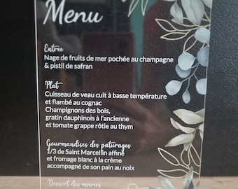 Menu de mariage en plexi / acrylique / eucalyptus / feuilles d'olivier / fleuri  / décoration de table de mariage