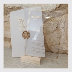 Plexiglass wedding invitation set with tracing paper pocket, wax seal closure and dried flowers