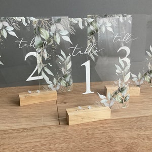 Floral table number eucalyptus, peonies, roses, olive leaves, printed on plexiglass