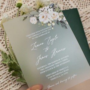 Clear acrylic wedding invitation, wedding / baptism / birthday invitation on plexi white flowers and eucalyptus