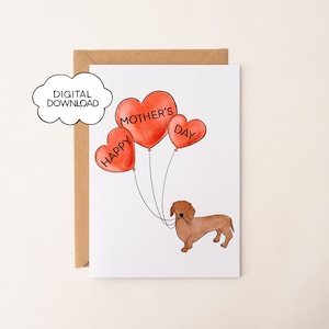 Buona festa della mamma! - Biglietto stampabile per la festa della mamma del cane, Biglietto per l'anniversario del cane, Biglietto per bassotto, Arte stampabile per bassotto, 5×7