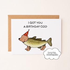 Compleanno Cod - Biglietto d'auguri per cani stampabile, Biglietto d'auguri per cani divertenti, Biglietto d'auguri per bassotto, Biglietto d'auguri per la pesca, Biglietto d'auguri per papà