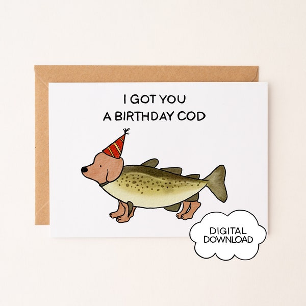 Birthday Cod - Printable Dog Birthday Card, Funny Dog Birthday Card, Dachshund Birthday Card, Fishing Birthday Card, Birthday Card for dad