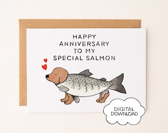 Special Salmon - Printable Dog Birthday Card, Funny Dog Birthday Card, Dachshund Birthday Card, Fishing Birthday Card, Birthday Card for dad