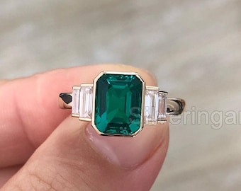 Huge Quality Octagon Emerald & Baguette Diamond Engagement Ring, Womens Gold Ring, May Birthstone Emerald, Thanksgiving Ring, Statement Ring