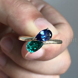 Blue Sapphire & Emerald Engagement Ring, Handmade Gift Gold Cluster Ring, Natural Sapphire/Emerald, Statement Ring, 14K Gold Adjustable Ring