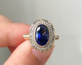 Oval Blue Sapphire & Halo Diamond Engagement Ring, Handmade Gold Designer Ring, Natural Sapphire, Statement Ring, One Of A Kind Womens Ring