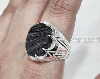 Black Tourmaline Mens Ring, 925 Sterling Silver, October Birthstone, Rough Tourmaline Mens Turkish Ring, Christmas, Arabic Heavy Silver Ring