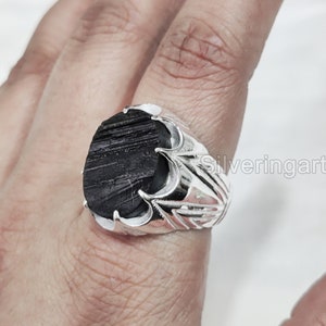 Black Tourmaline Mens Ring, 925 Sterling Silver, October Birthstone, Rough Tourmaline Mens Turkish Ring, Christmas, Arabic Heavy Silver Ring