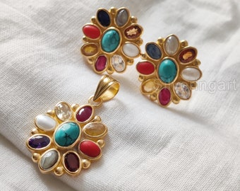 Natuurlijke Navratan-sieradenset, echte edelsteenring, Navratan-ketting, Navratan-oorbellen, natuurlijke geboortesteen, cadeau voor 4 haar, Navratan-hanger,