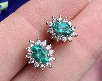 Small Emerald Stud Earrings in 14k Solid Gold with Genuine Diamond - Dainty Pave Diamond Drop Studs for Women - Wedding Jewelry