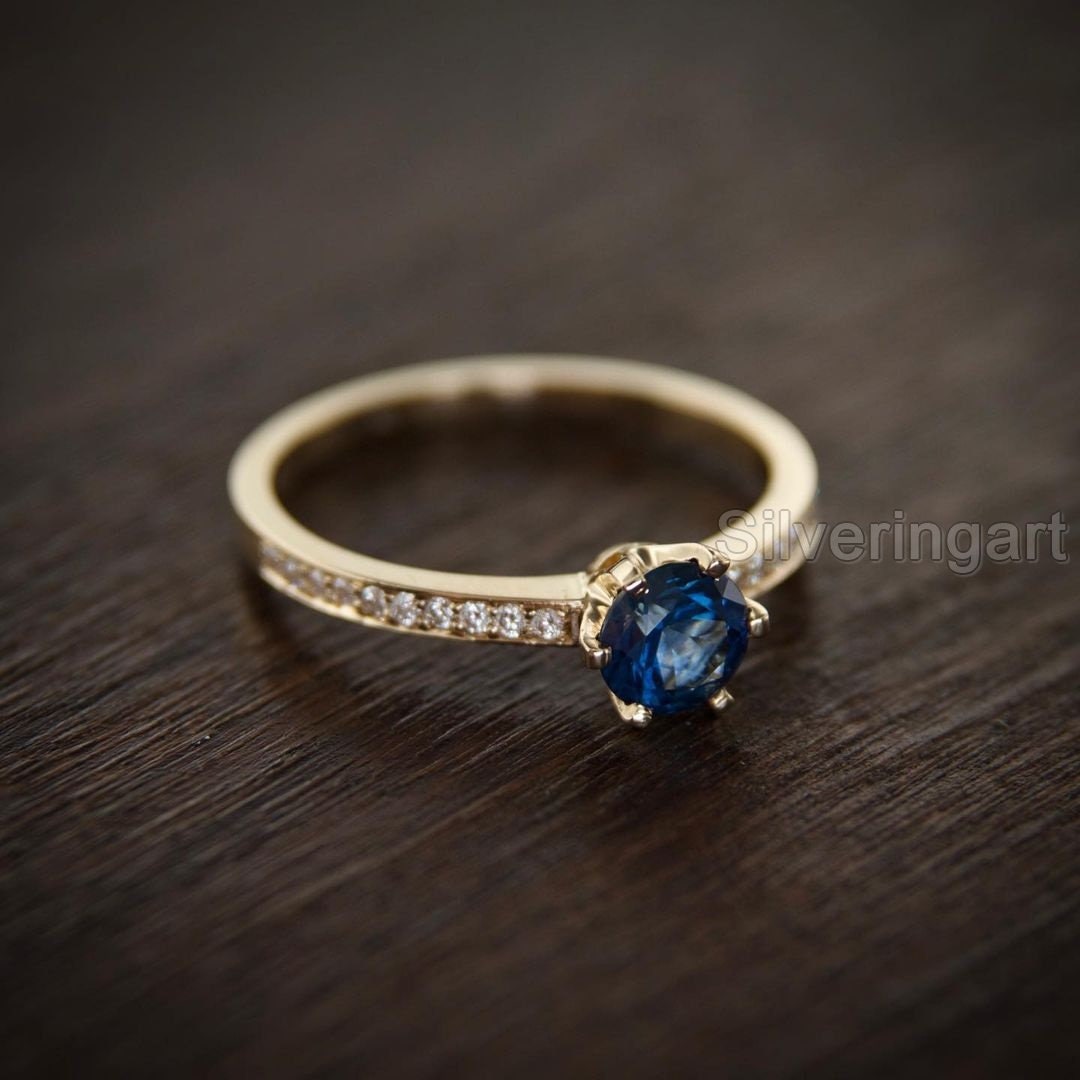 Blue Sapphire & Diamond Engagement Ring, Women Gold Ring, Natural ...