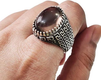 Natural Smoky Quartz ring Silver Jewelry 925 Silver Ring Birthday Gift Heavy Mens Ring Arabic Design Ottoman Style Turkey Mens Signet Ring