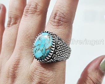 Natural Blue Copper Turquoise Ring Silver Jewelry 925 Silver Birthday Gift Heavy Mens Ring Arabic Design Style Christmas Turkey Signet Ring