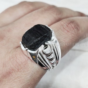Black Tourmaline Mens Heavy Ring, 925 Sterling Silver, October Birthstone, Rough Tourmaline Mens Turkish Ring, Christmas, Arabic Silver Ring