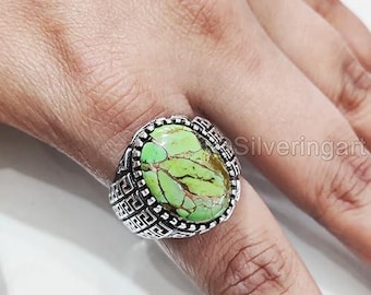 Natural Green Copper Turquoise Silver Jewelry 925 Silver Heavy Mens Ring Arabic Design Ottoman Style Ring Christmas Turkey Mens Signet Ring