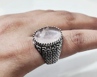 Natural Rose Quartz ring Silver Jewelry 925 Silver Birthday Gift Heavy Mens Ring Arabic Design Ottoman Style Christmas Turkey Signet Ring