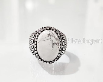 Natural Howlite Boys Ring White Turquoise Silver Jewelry 925 Silver Birthday Gift Heavy Mens Ring Arabic Design Style Turkey Men Signet Ring