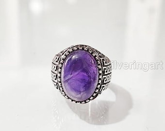 Natural Amethyst February Birth Silver Jewelry 925 Silver Ring Birthday Gift Heavy Mens Ring Arabic Design Ottoman Style Turkey Signet Ring