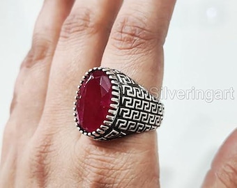 Natural Ruby Corundum July Boys Ring Silver Jewelry 925 Silver Ring Heavy Mens Ring Arabic Design Style Christmas Turkey Mens Signet Ring