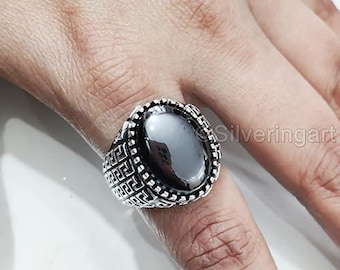 Natural Hematite Unisex Ring Silver Jewelry 925 Silver Birthday Gift Heavy Men Ring Arabic Design Ottoman Style Christmas Turkey Signet Ring