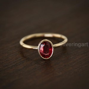 Oval AAA Ruby Gold Ring, Womens Ruby Gold Ring, Hallmark 18k Yellow Gold, Solitaire Ruby Ring, Tiny Gold Women&#39;s Ring, Dainty Ring, Wedding